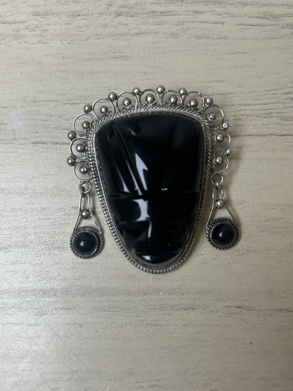 Sterling Silver Brooch Mexico Black Onyx Carved Stone Mask Aztec Warrior Pin